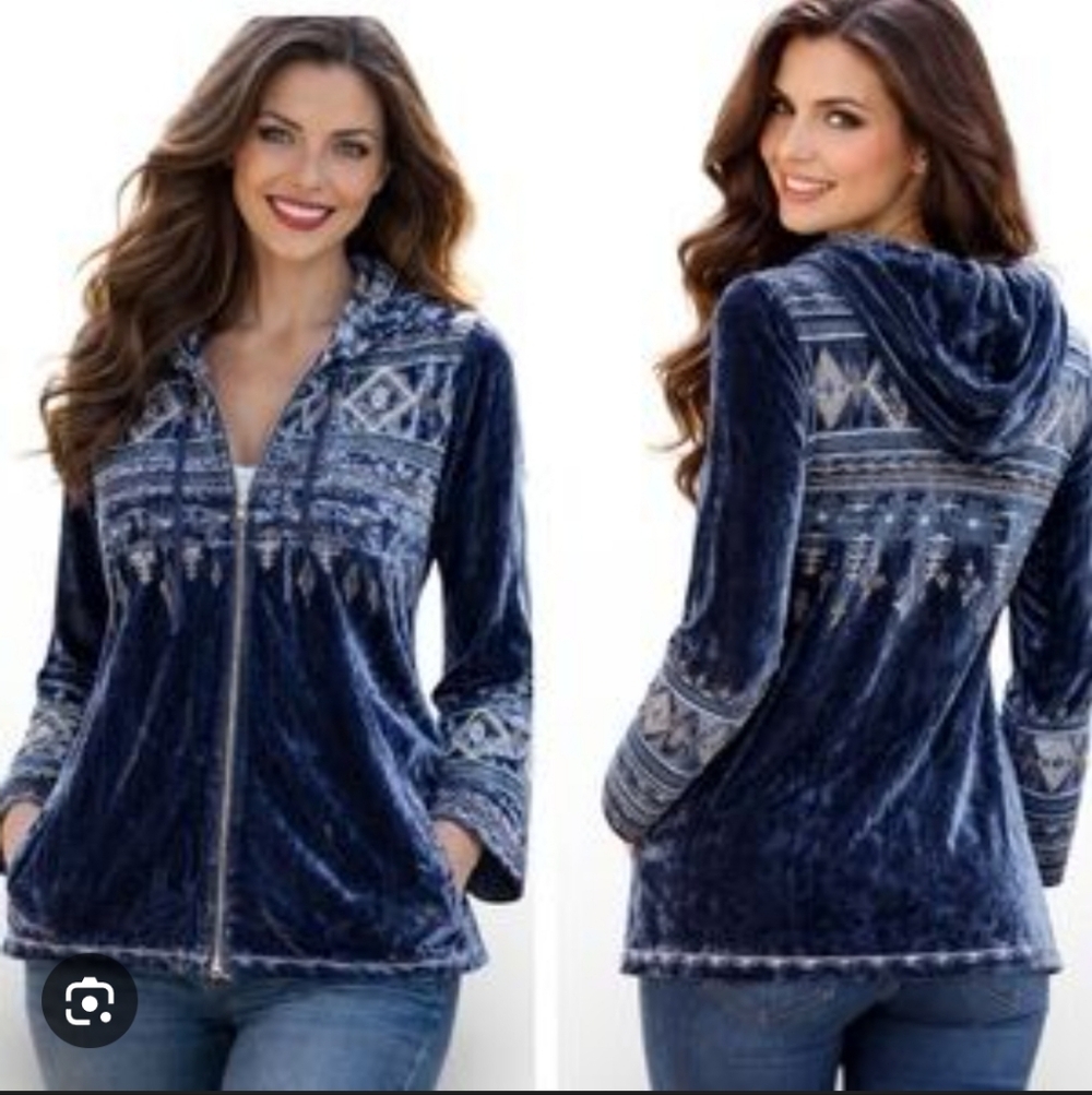 Johnny Was Jacket Women's S Hooded Velvet Aztec Embroidered Silk Blend Full Zip
